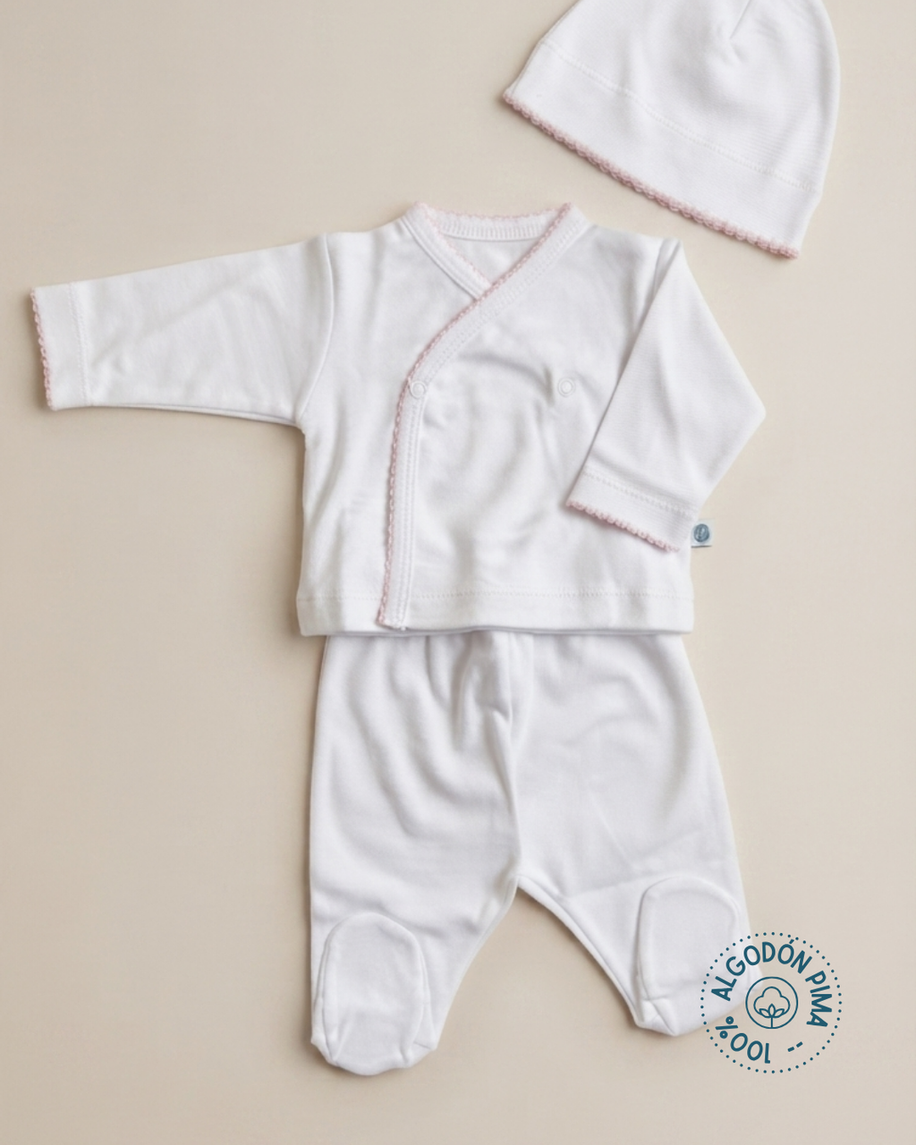 Set tres piezas 100% algodón pima blanco con picot rosado