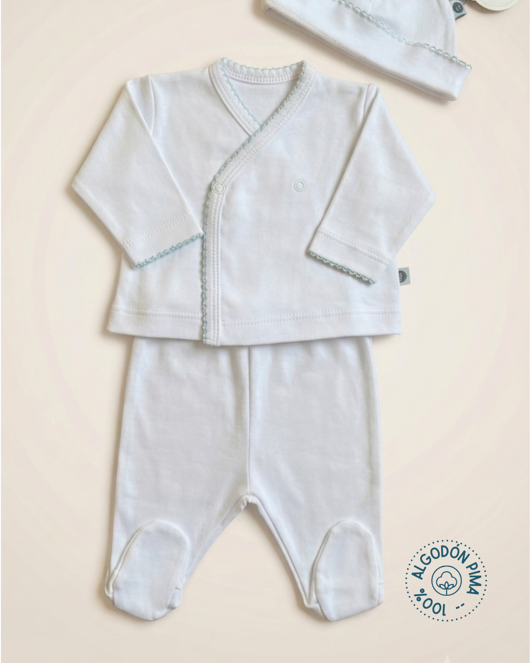 Set tres piezas 100% algodón pima blanco con picot celeste