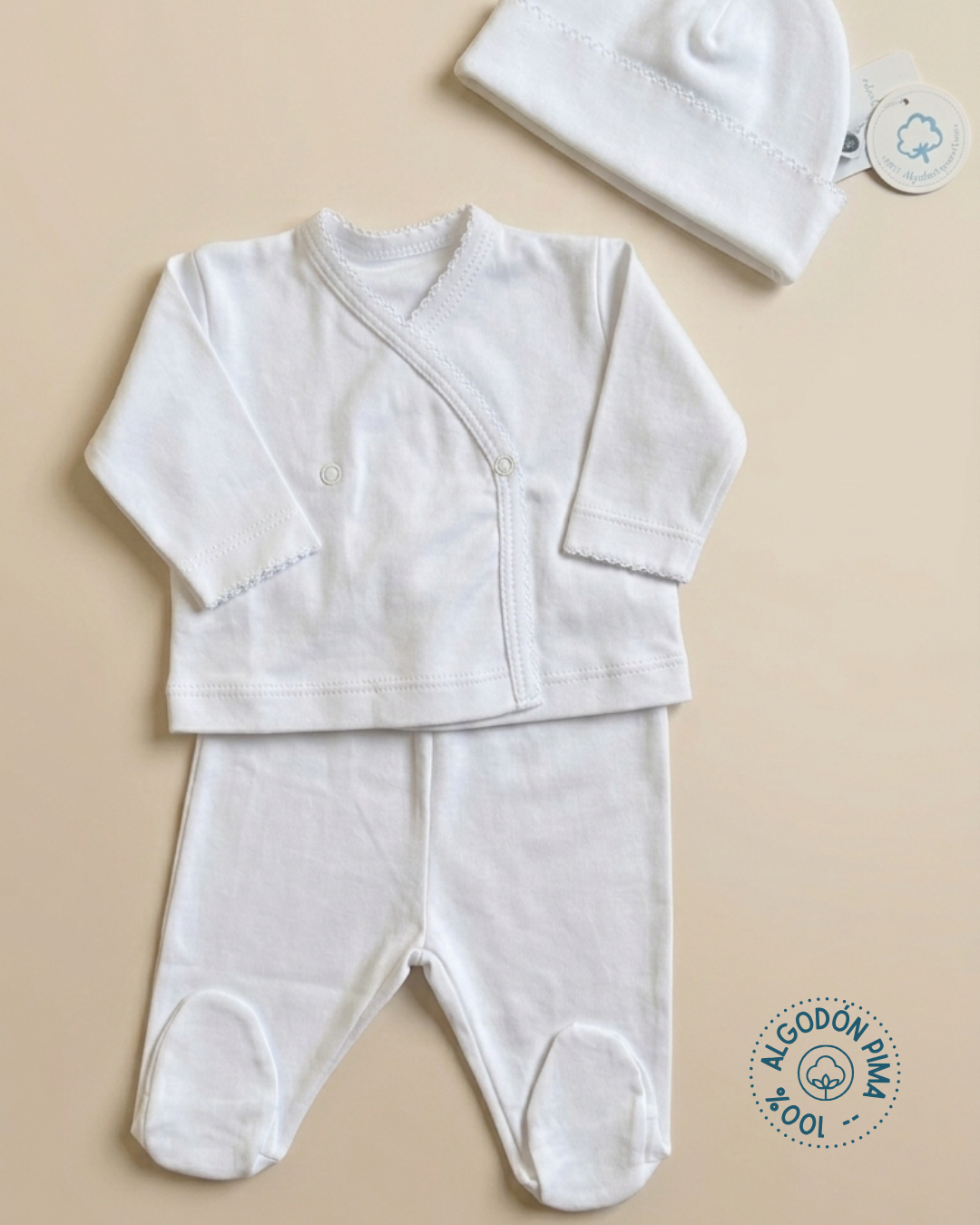 Set tres piezas 100% algodón pima blanco con picot blanco