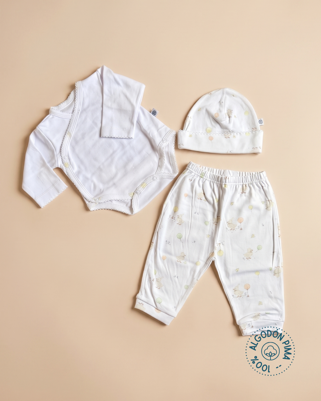 Set tres piezas 100% algodón pima patitos unisex