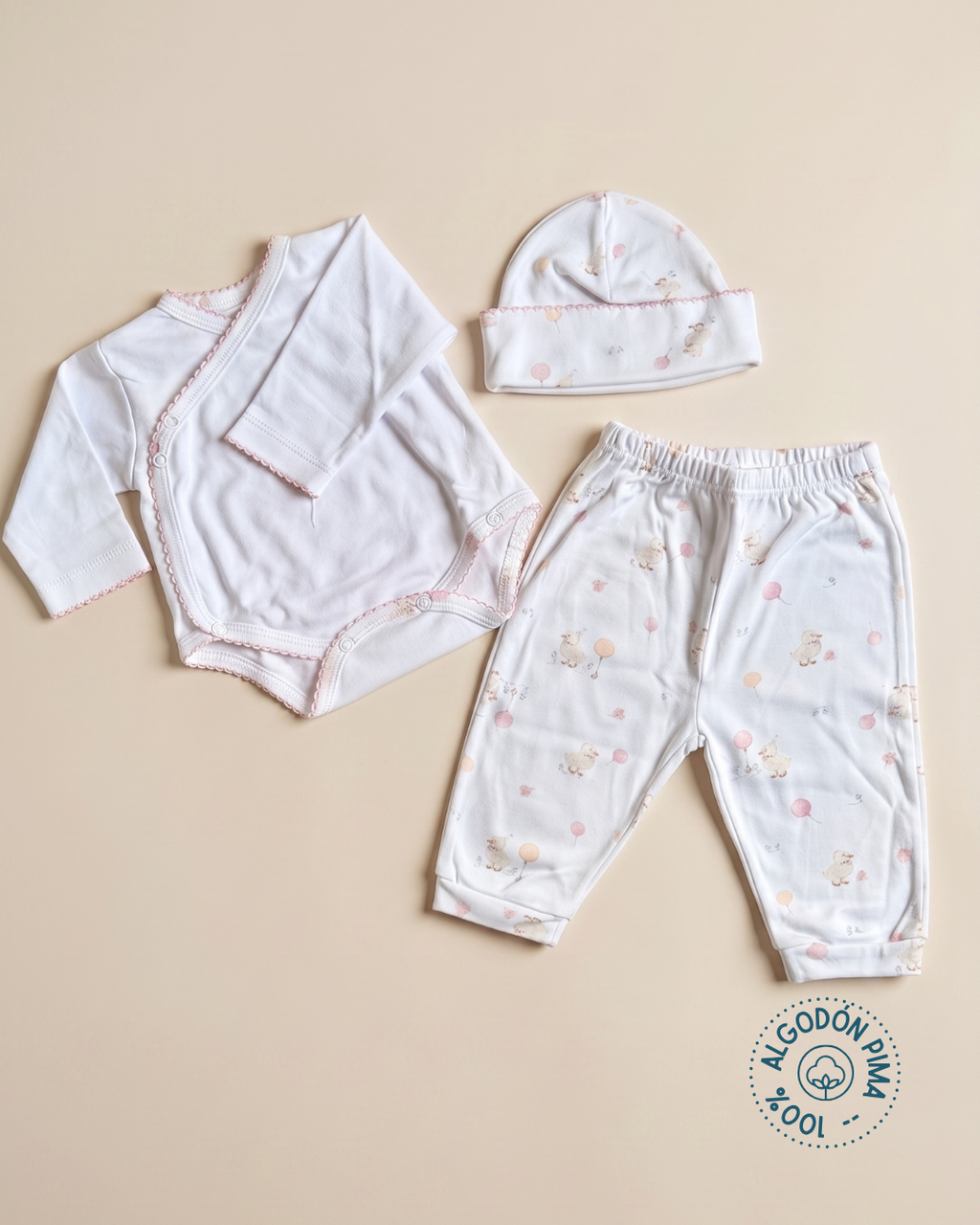 Set tres piezas 100% algodón pima patitos rosa