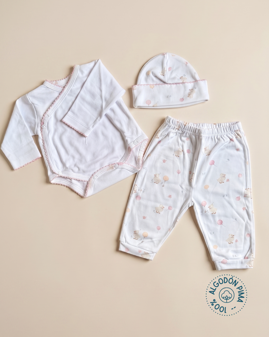 Set tres piezas 100% algodón pima patitos rosa