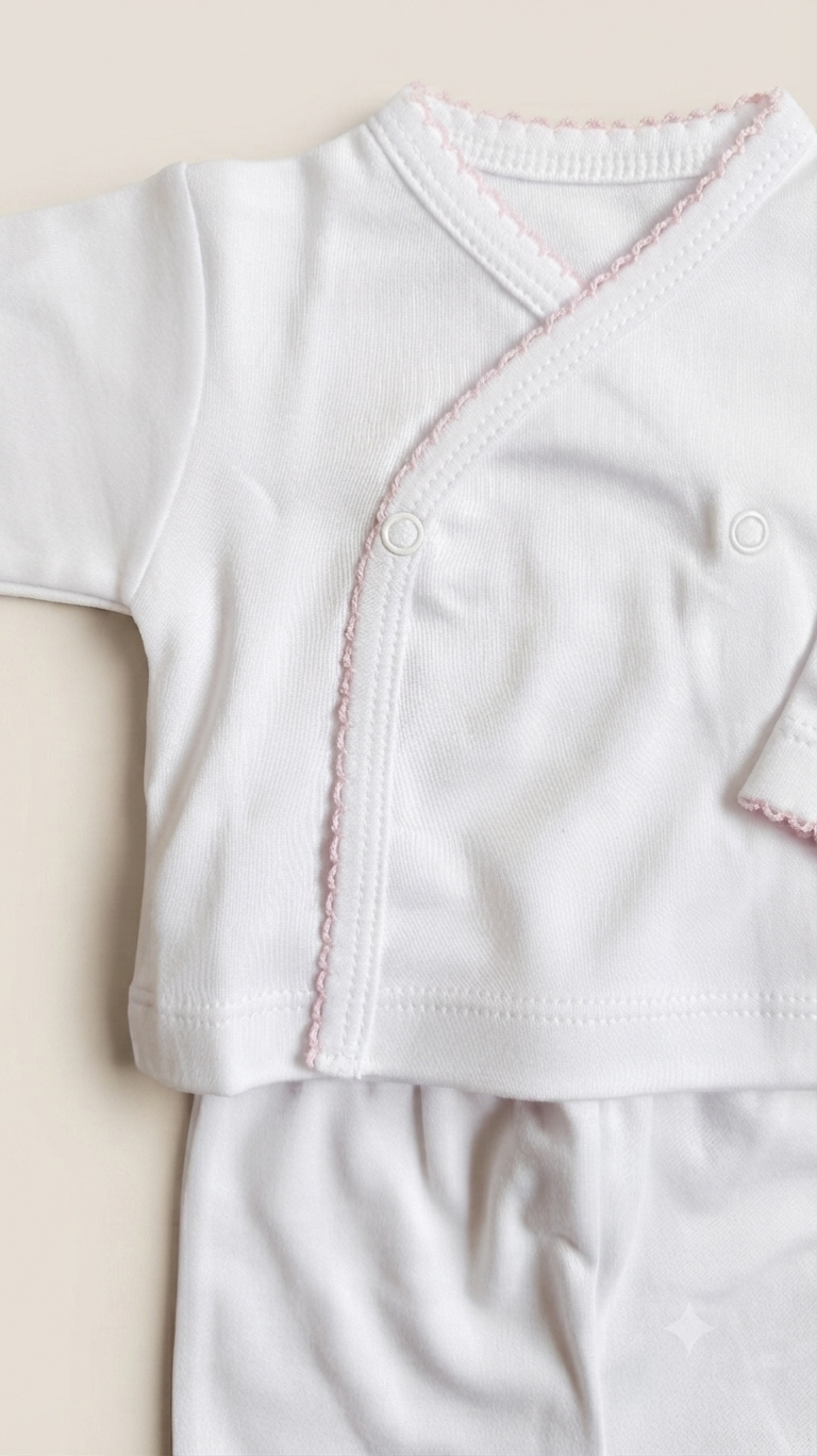 Set tres piezas 100% algodón pima blanco con picot rosado