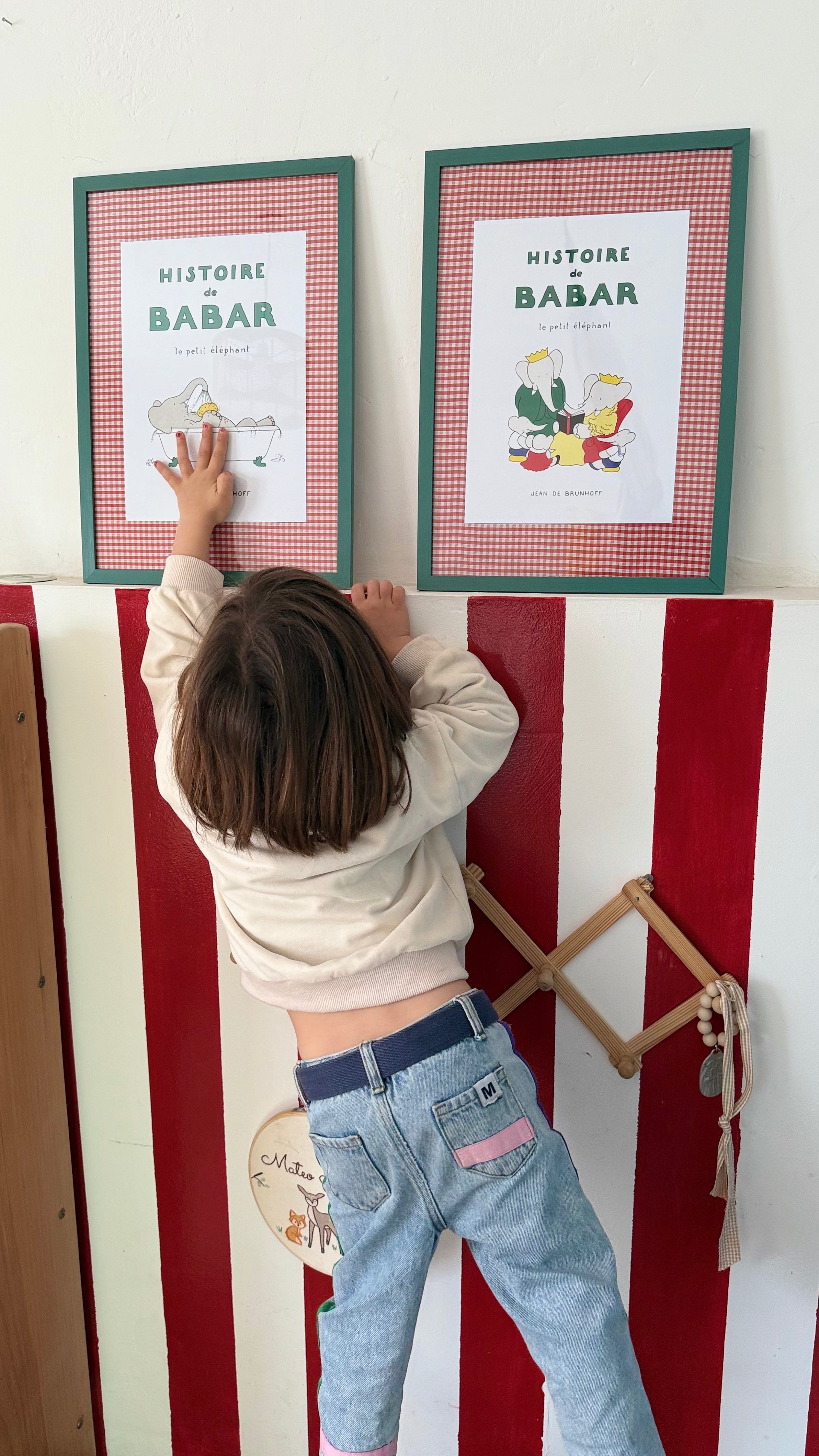 Cuadro Babar en familia- paspartú tela vichy